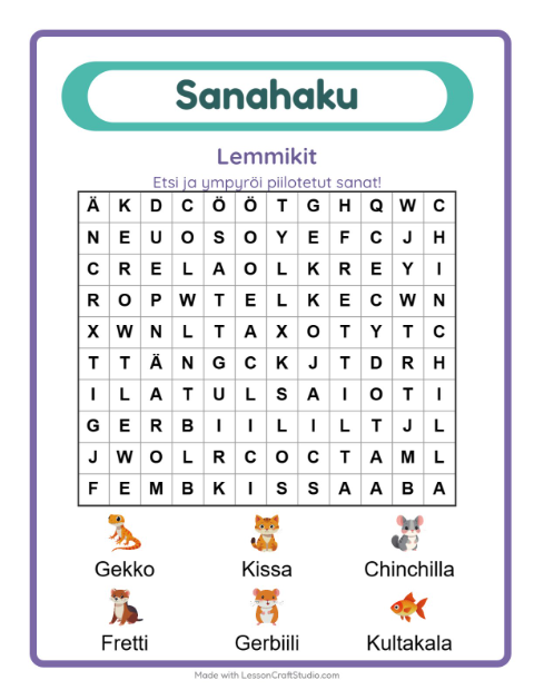 Esikatselu: Sanahaku-tehtäväarkki, aiheena Lemmikit, 1. luokka
