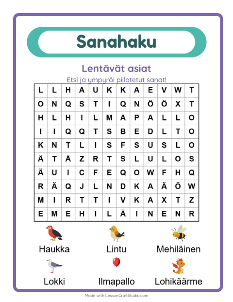 Esikatselu: Sanahaku-tehtäväarkki, aiheena Lentävät asiat, 1. luokka
