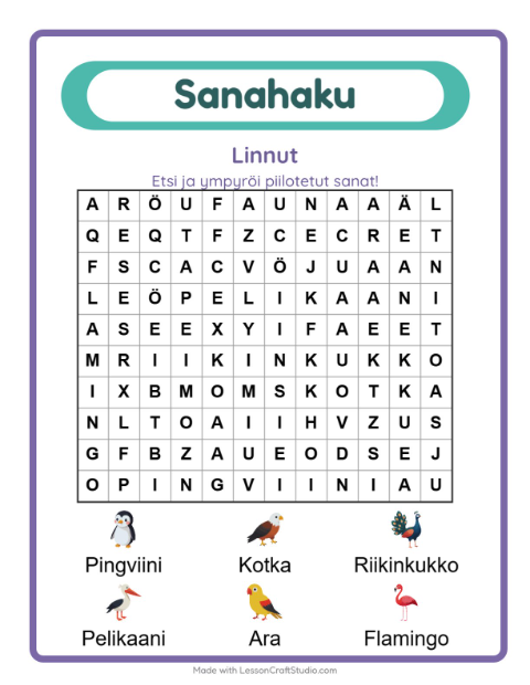Esikatselu: Sanahaku-tehtäväarkki, aiheena Linnut, 1. luokka