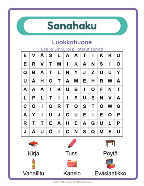 Esikatselu: Sanahaku-tehtäväarkki, aiheena Luokkahuone, 1. luokka