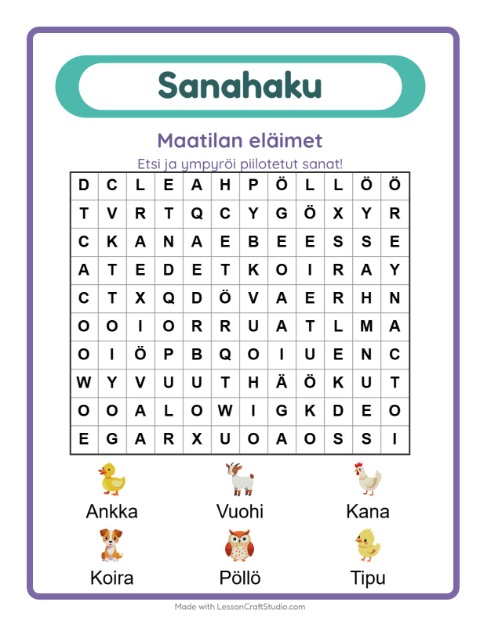 Esikatselu: Sanahaku-tehtäväarkki, aiheena Maatilan eläimet, 1. luokka