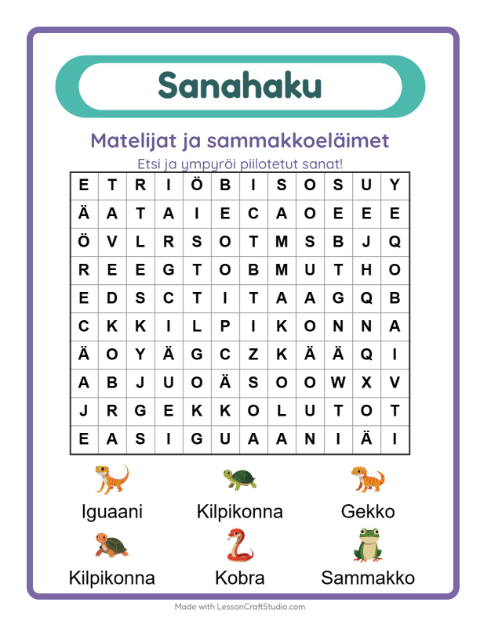 Esikatselu: Sanahaku-tehtäväarkki, aiheena Matelijat ja sammakkoeläimet, 1. luokka