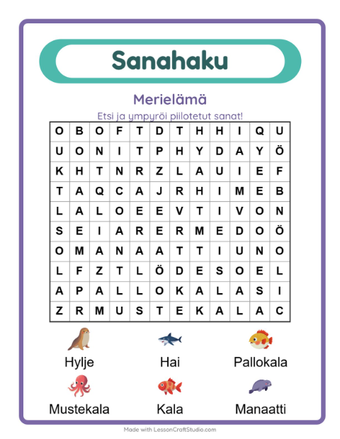 Esikatselu: Sanahaku-tehtäväarkki, aiheena Merielämä, 1. luokka