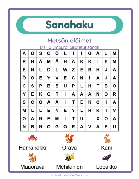 Esikatselu: Sanahaku-tehtäväarkki, aiheena Metsän eläimet, 1. luokka