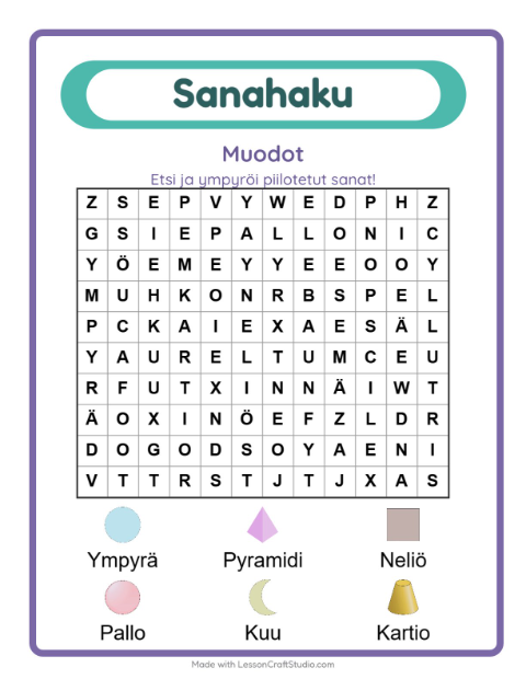 Esikatselu: Sanahaku-tehtäväarkki, aiheena Muodot, 1. luokka