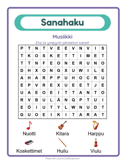 Esikatselu: Sanahaku-tehtäväarkki, aiheena Musiikki, 1. luokka