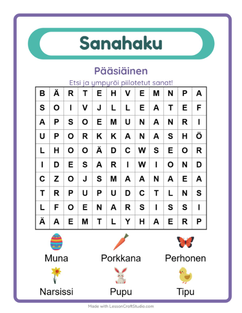 Esikatselu: Sanahaku-tehtäväarkki, aiheena Pääsiäinen, 1. luokka