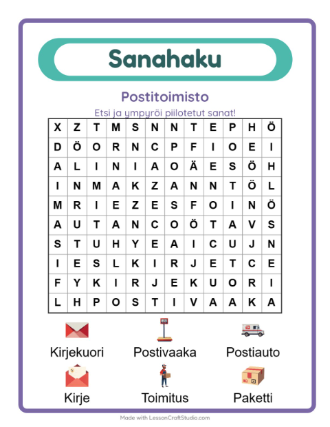 Esikatselu: Sanahaku-tehtäväarkki, aiheena Postitoimisto, 1. luokka