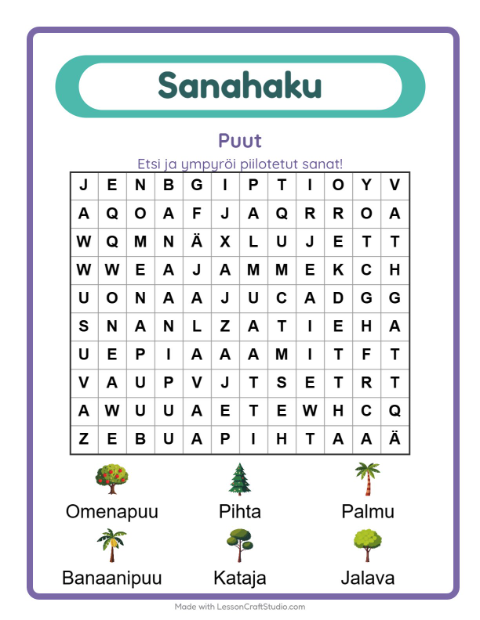Esikatselu: Sanahaku-tehtäväarkki, aiheena Puut, 1. luokka