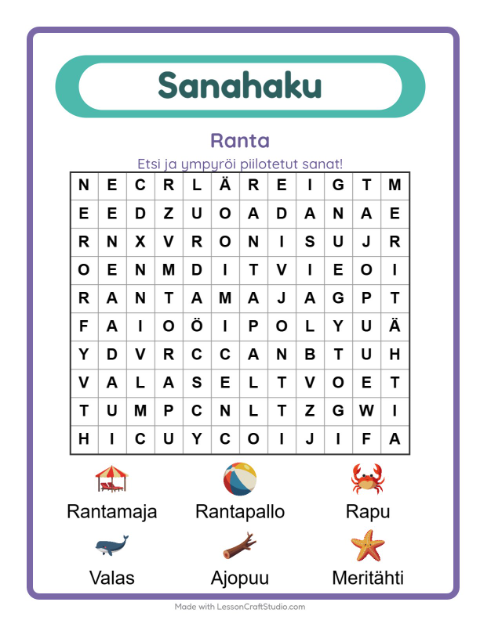 Esikatselu: Sanahaku-tehtäväarkki, aiheena Ranta, 1. luokka