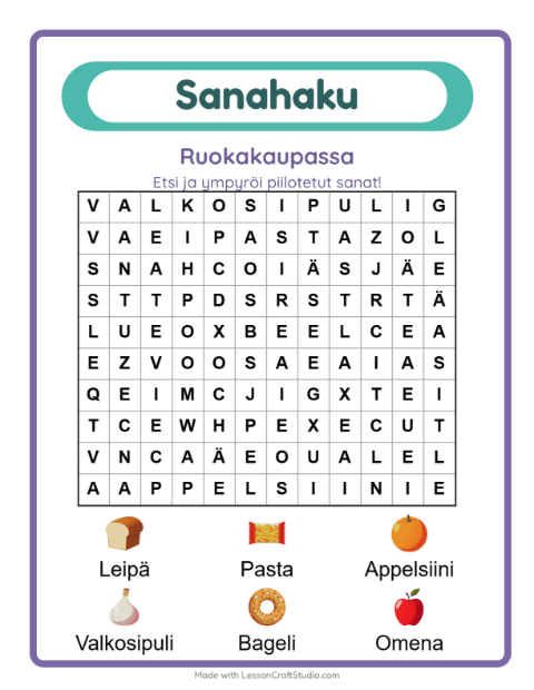 Esikatselu: Sanahaku-tehtäväarkki, aiheena Ruokakaupassa, 1. luokka