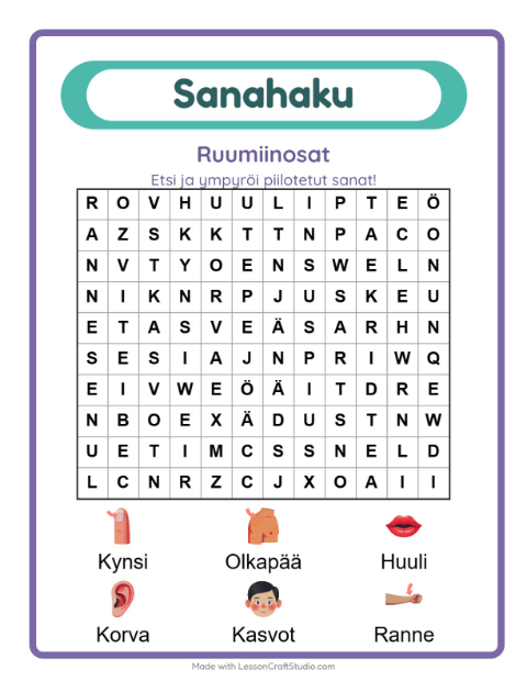 Esikatselu: Sanahaku-tehtäväarkki, aiheena Ruumiinosat, 1. luokka