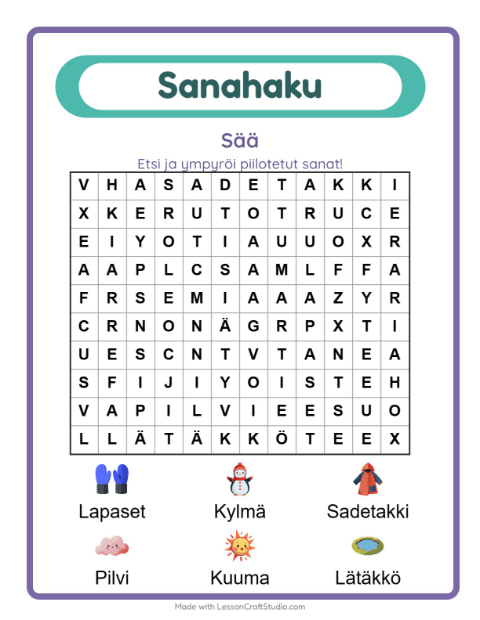 Esikatselu: Sanahaku-tehtäväarkki, aiheena Sää, 1. luokka
