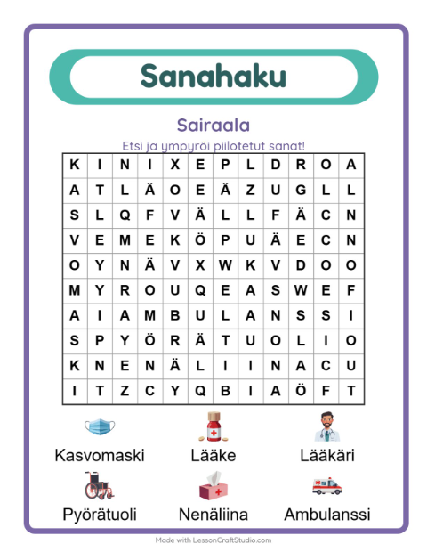 Esikatselu: Sanahaku-tehtäväarkki, aiheena Sairaala, 1. luokka