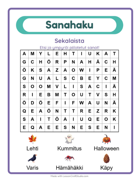Esikatselu: Sanahaku-tehtäväarkki, aiheena Sekalaista, 1. luokka
