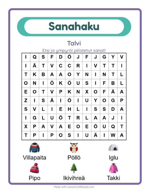 Esikatselu: Sanahaku-tehtäväarkki, aiheena Talvi, 1. luokka