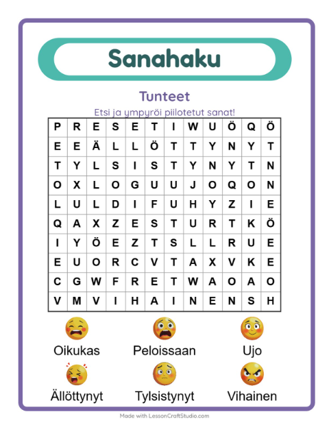 Esikatselu: Sanahaku-tehtäväarkki, aiheena Tunteet, 1. luokka