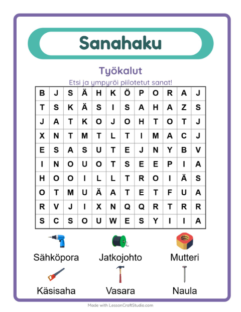 Esikatselu: Sanahaku-tehtäväarkki, aiheena Työkalut, 1. luokka