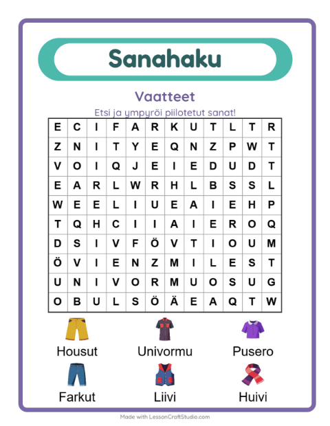 Esikatselu: Sanahaku-tehtäväarkki, aiheena Vaatteet, 1. luokka