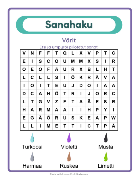 Esikatselu: Sanahaku-tehtäväarkki, aiheena Värit, 1. luokka