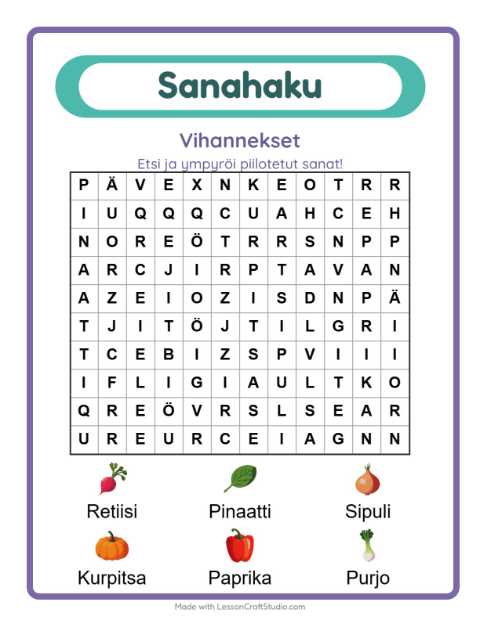 Esikatselu: Sanahaku-tehtäväarkki, aiheena Vihannekset, 1. luokka