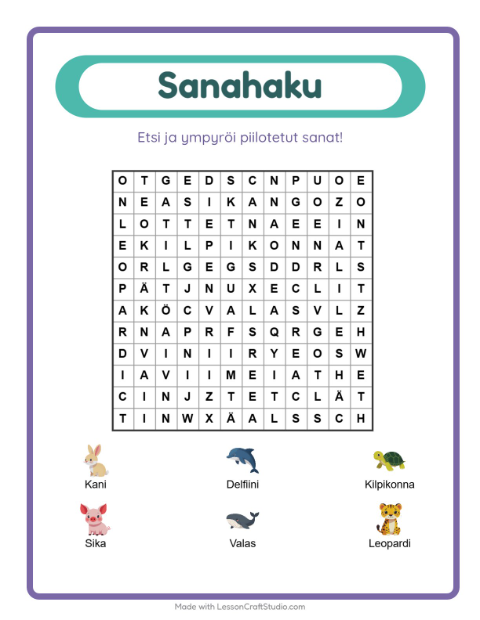 Esikatselu: Sanahaku-tehtäväarkki, 1. luokka