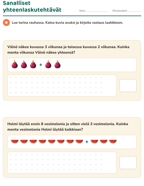 Sanalliset yhteenlaskutehtävät