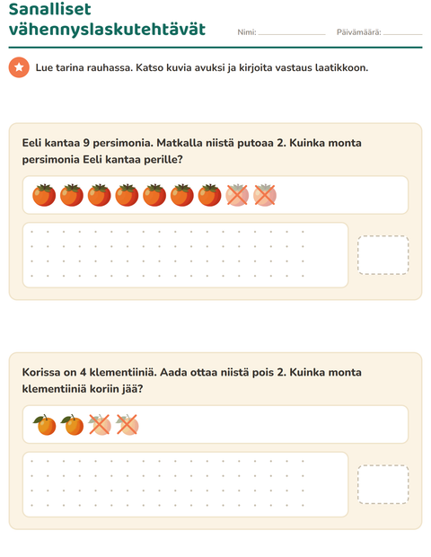 Sanalliset vähennyslaskutehtävät