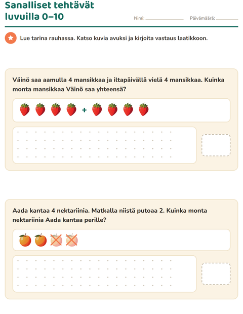 Esikatselu: Sanalliset tehtävät-tehtäväarkki, aiheena Hedelmät, 1. luokka
