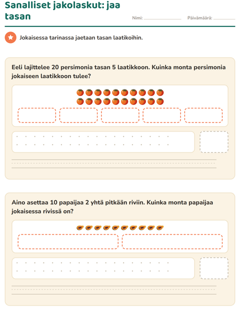 Sanalliset jakolaskut, jaa tasan: nauha ja tyhjät laatikot