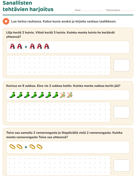 Esikatselu: Sanalliset tehtävät-tehtäväarkki, aiheena Asusteet, 1. luokka