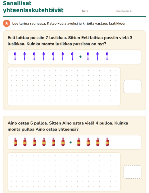 Esikatselu: Sanalliset tehtävät-tehtäväarkki, aiheena Keittiövälineet, 1. luokka
