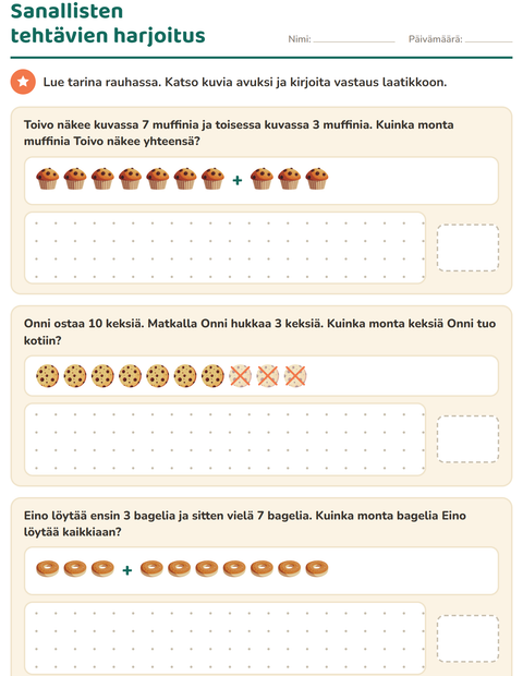 Esikatselu: Sanalliset tehtävät-tehtäväarkki, aiheena Leipomo, 1. luokka