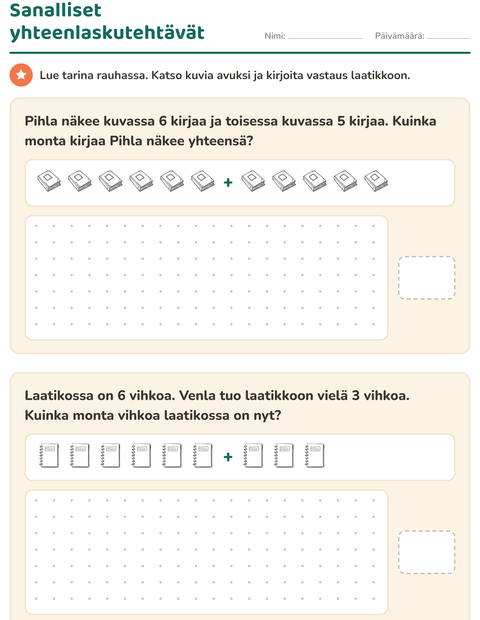 Esikatselu: Sanalliset tehtävät-tehtäväarkki, aiheena Luokkahuone (M/V), 1. luokka