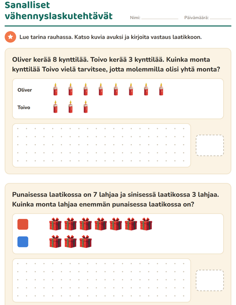 Esikatselu: Sanalliset tehtävät-tehtäväarkki, aiheena Joulu, 1. luokka