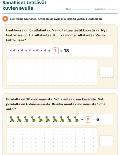 Esikatselu: Sanalliset tehtävät-tehtäväarkki, aiheena Lelut, 1. luokka