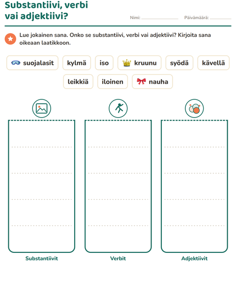 Esikatselu: Sanaluokat-tehtäväarkki, aiheena Asusteet, 2. luokka