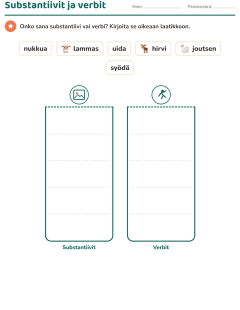 Esikatselu: Sanaluokat-tehtäväarkki, aiheena Eläimet, 1. luokka