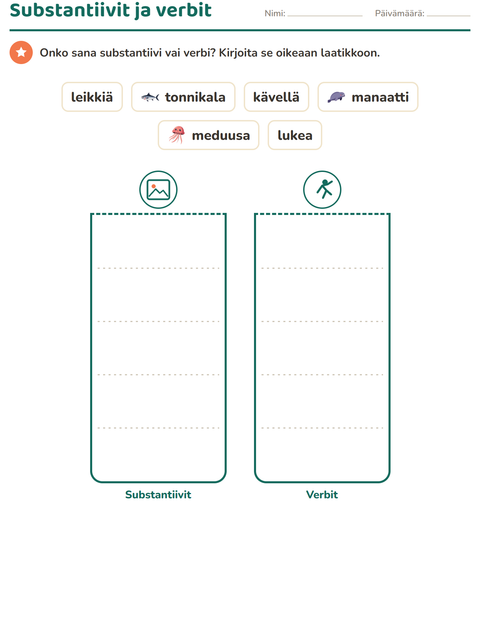 Esikatselu: Sanaluokat-tehtäväarkki, aiheena Merielämä, 1. luokka