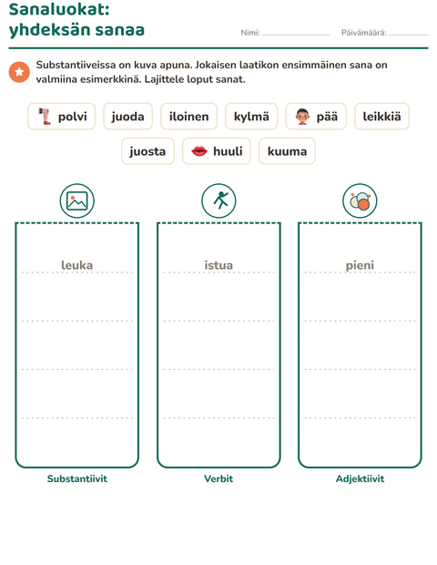 Esikatselu: Sanaluokat-tehtäväarkki, aiheena Ruumiinosat, 2. luokka
