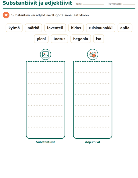 Esikatselu: Sanaluokat-tehtäväarkki, aiheena Kukat, 1. luokka