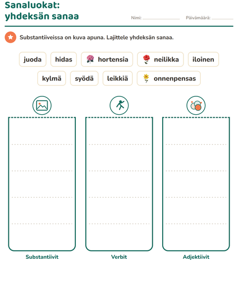 Esikatselu: Sanaluokat-tehtäväarkki, aiheena Kukat, 2. luokka
