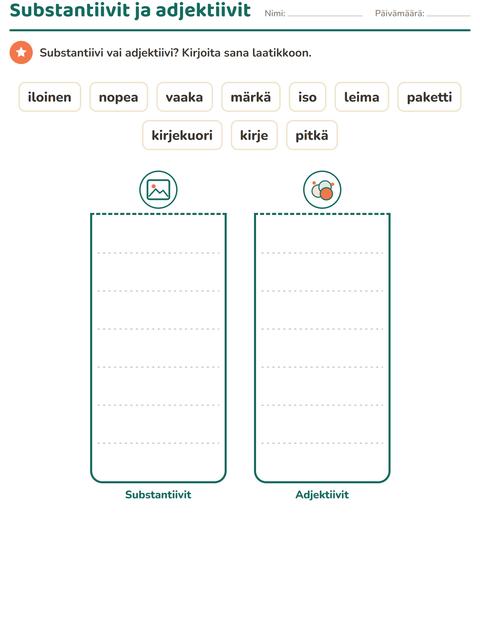 Esikatselu: Sanaluokat-tehtäväarkki, aiheena Postitoimisto, 1. luokka