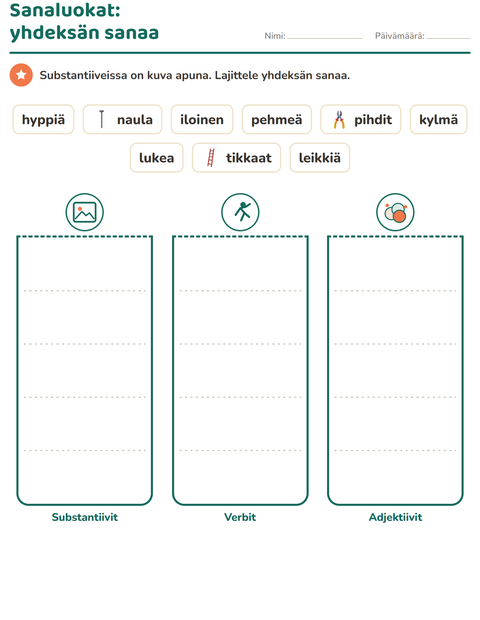 Esikatselu: Sanaluokat-tehtäväarkki, aiheena Työkalut, 2. luokka