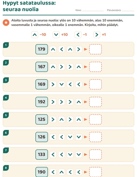 Esikatselu: Satataulun palat-tehtäväarkki, 2. luokka