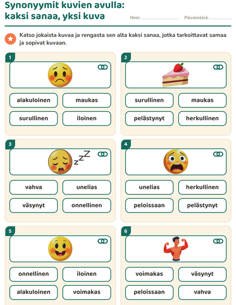 Esikatselu: Synonyymit-tehtäväarkki, 1. luokka