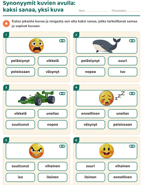 Synonyymit kuvien avulla: kaksi sanaa, yksi kuva