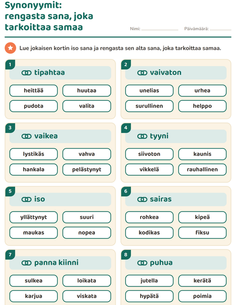 Esikatselu: Synonyymit-tehtäväarkki, 2. luokka