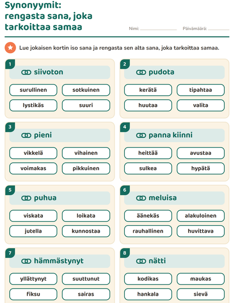 Esikatselu: Synonyymit-tehtäväarkki, 2. luokka