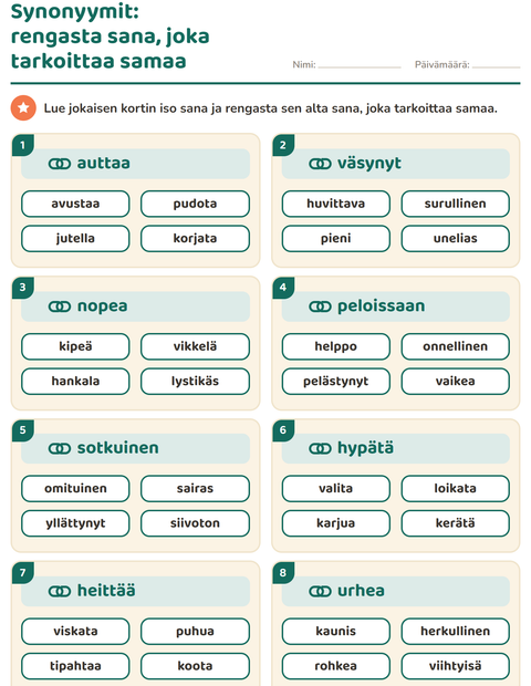 Esikatselu: Synonyymit-tehtäväarkki, 2. luokka